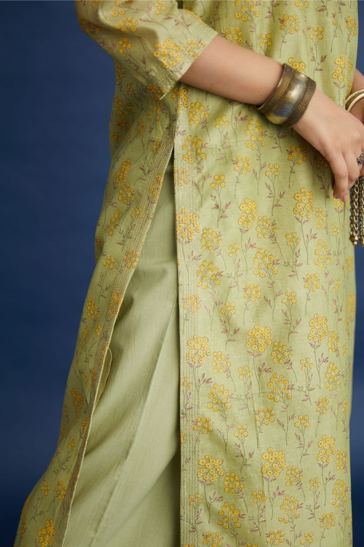Green & yellow hand block printed straight kurta set, highlighted with dull gold quilting.