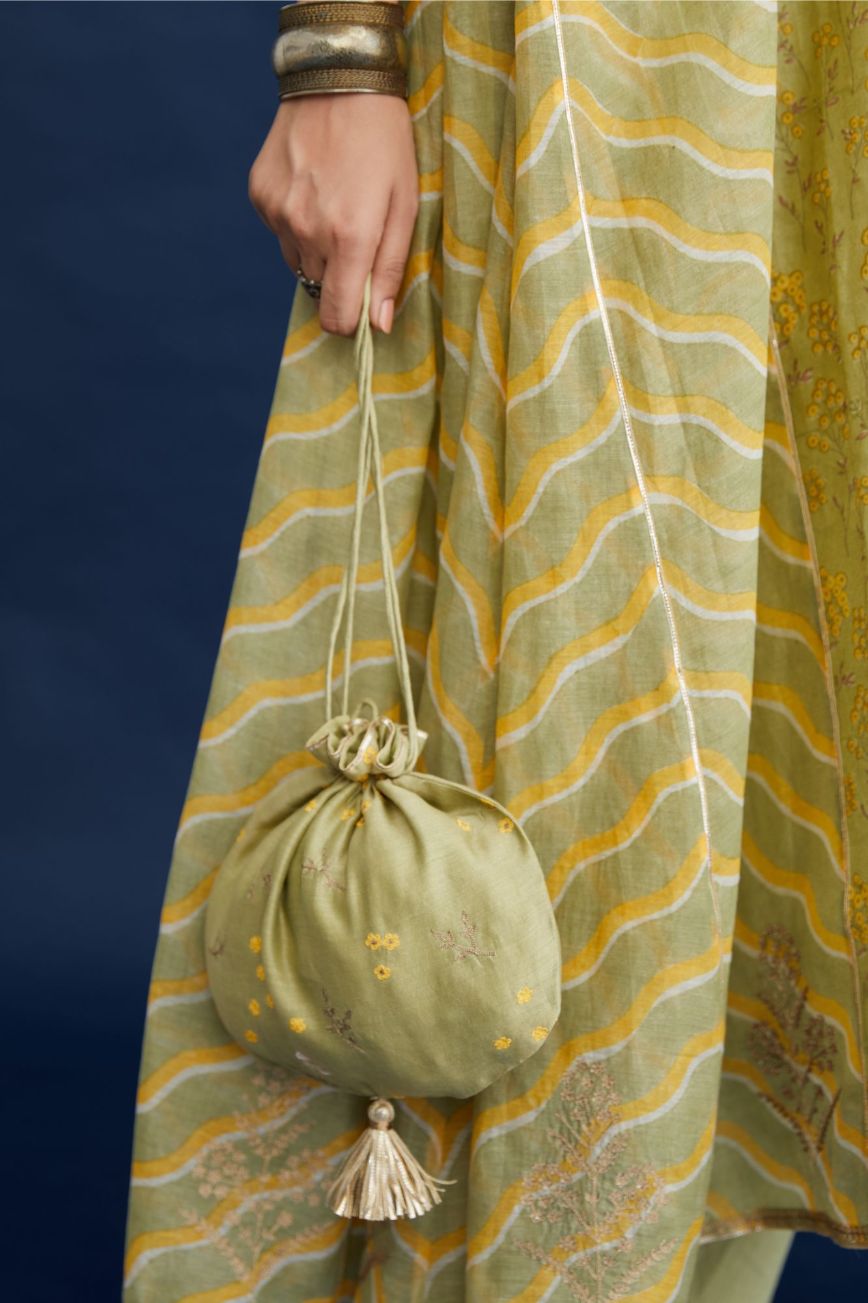 Hand block printed dupatta with dull gold zari embroidered boota at all corners. (Dupatta)