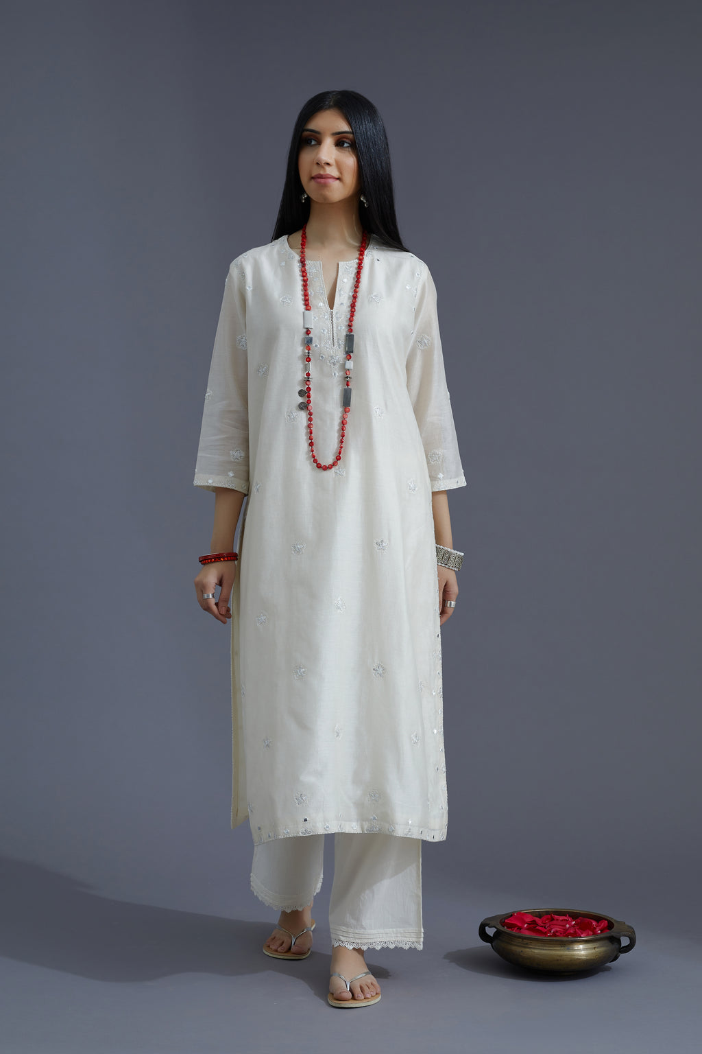Off white silk chanderi straight kurta set with all-over silk thread and mirror work embroidery (KURTA+SLIP+PANTS+DUPATTA)
