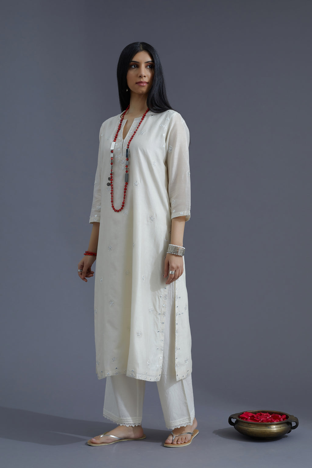 Off white silk chanderi straight kurta set with all-over silk thread and mirror work embroidery (KURTA+SLIP+PANTS+DUPATTA)