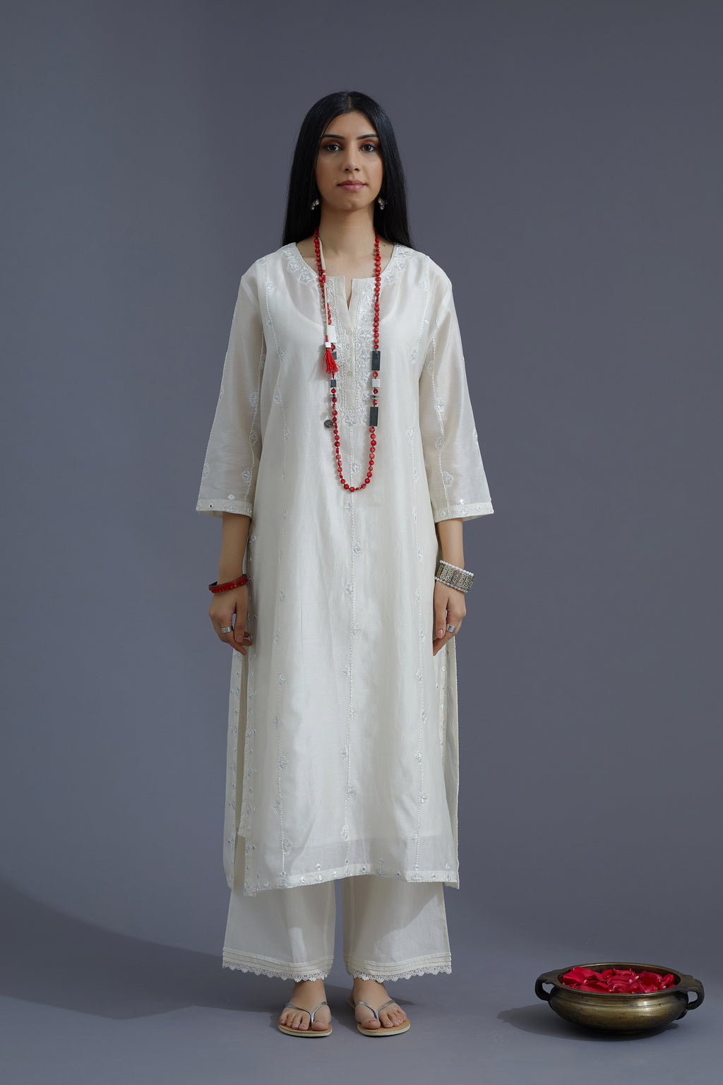 Off white silk chanderi straight kurta set with all-over mirror work embroidery (KURTA+SLIP+PANTS+DUPATTA)