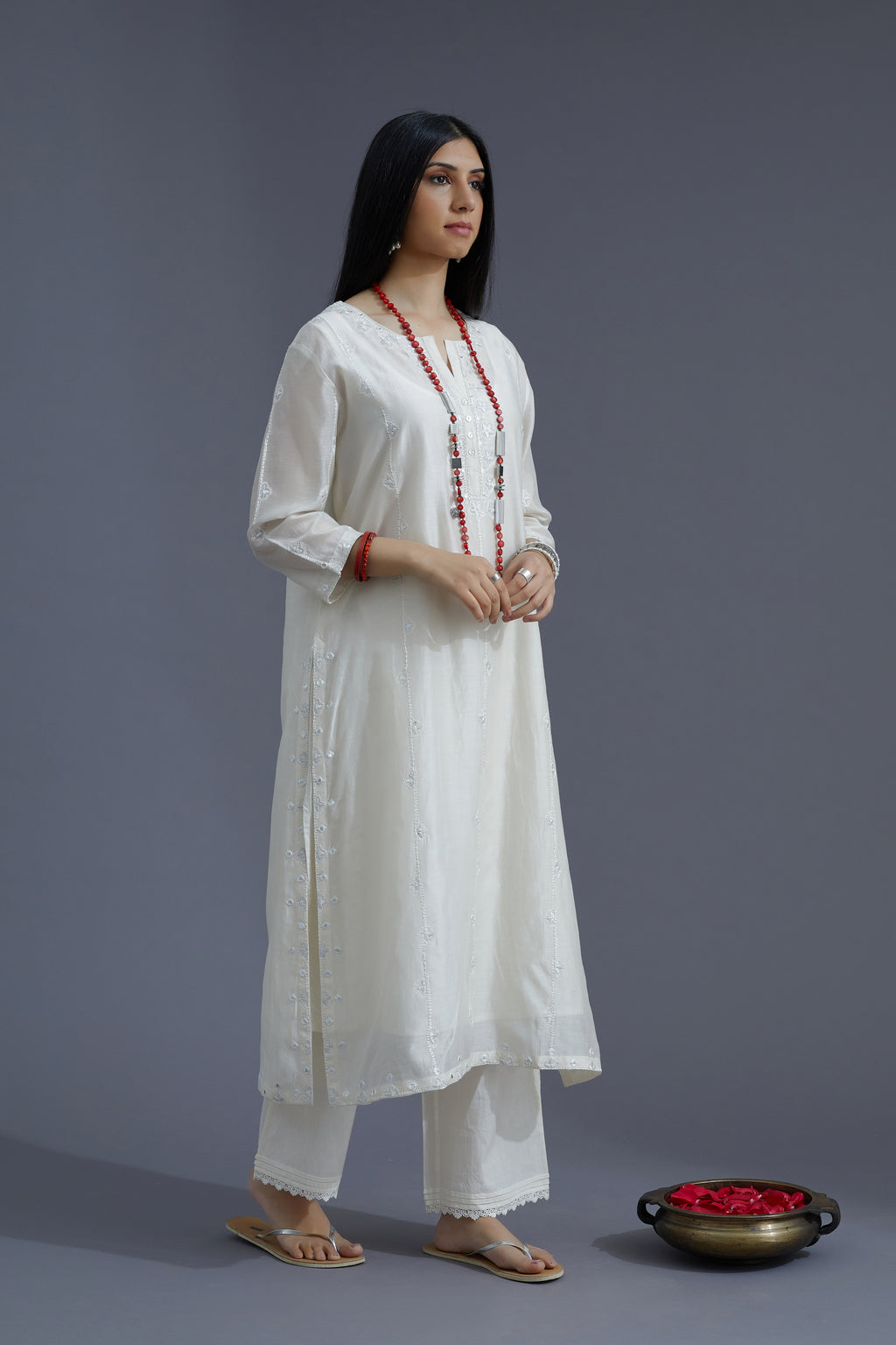 Off white silk chanderi straight kurta set with all-over mirror work embroidery (KURTA+SLIP+PANTS+DUPATTA)