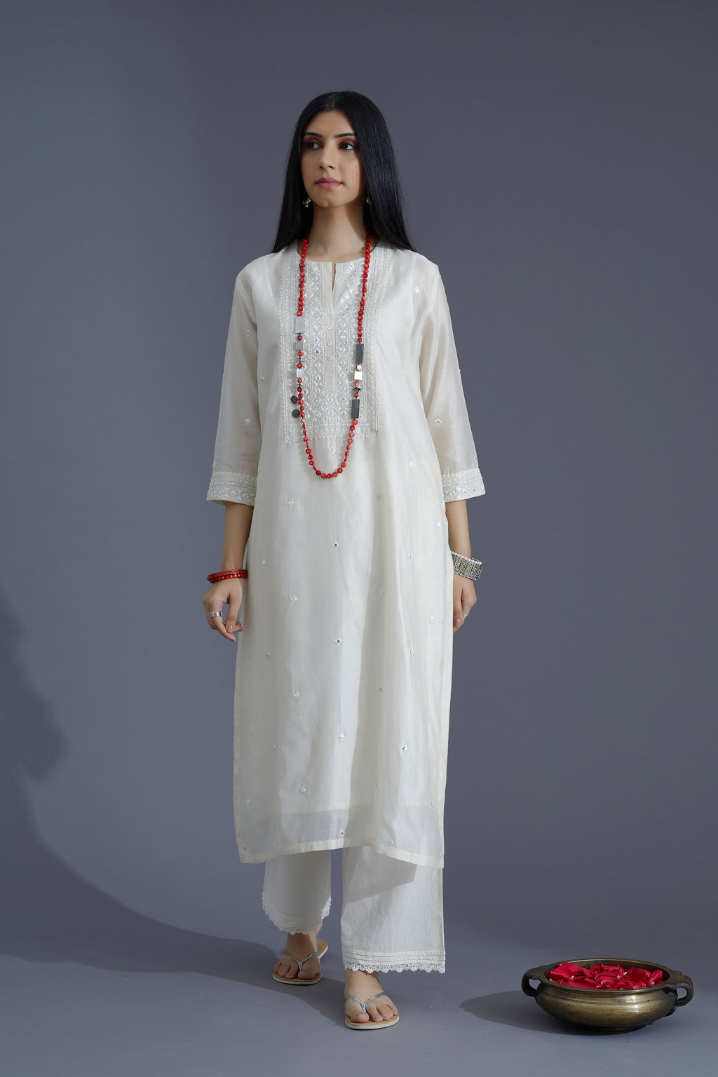 Off white silk chanderi straight kurta set with heavy embroidered neckline and all-over small mirror booti embroidery (KURTA+SLIP+PANTS+DUPATTA)