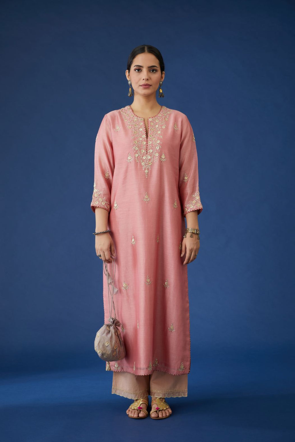 Pink silk chanderi straight kurta set with all-over gota embroidery, highlighted with bead work.