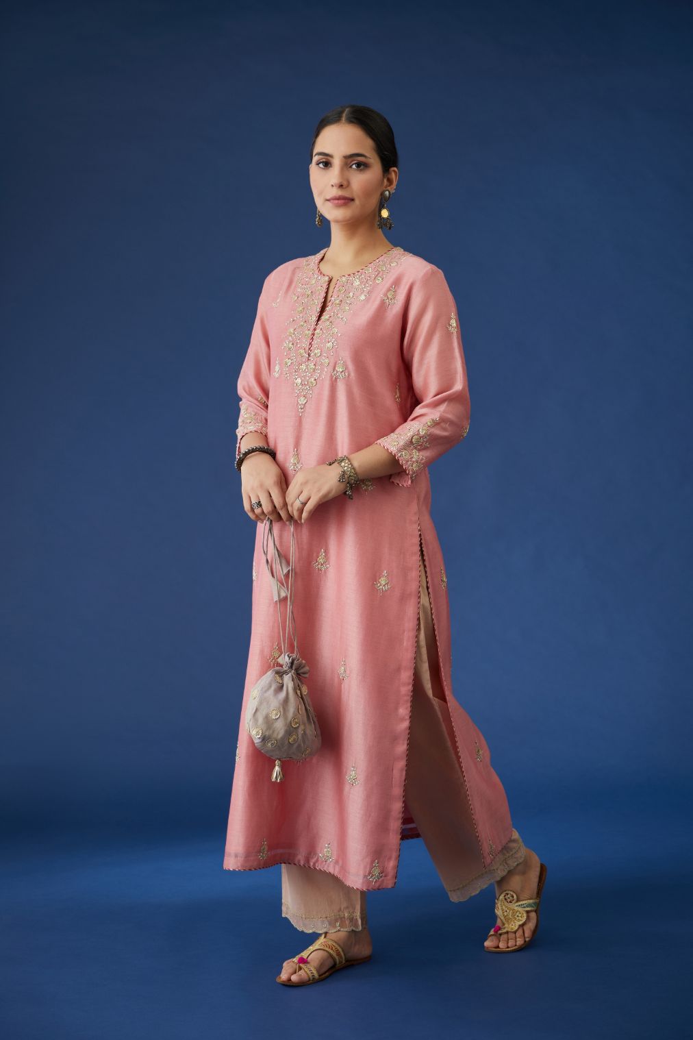 Pink silk chanderi straight kurta set with all-over gota embroidery, highlighted with bead work.