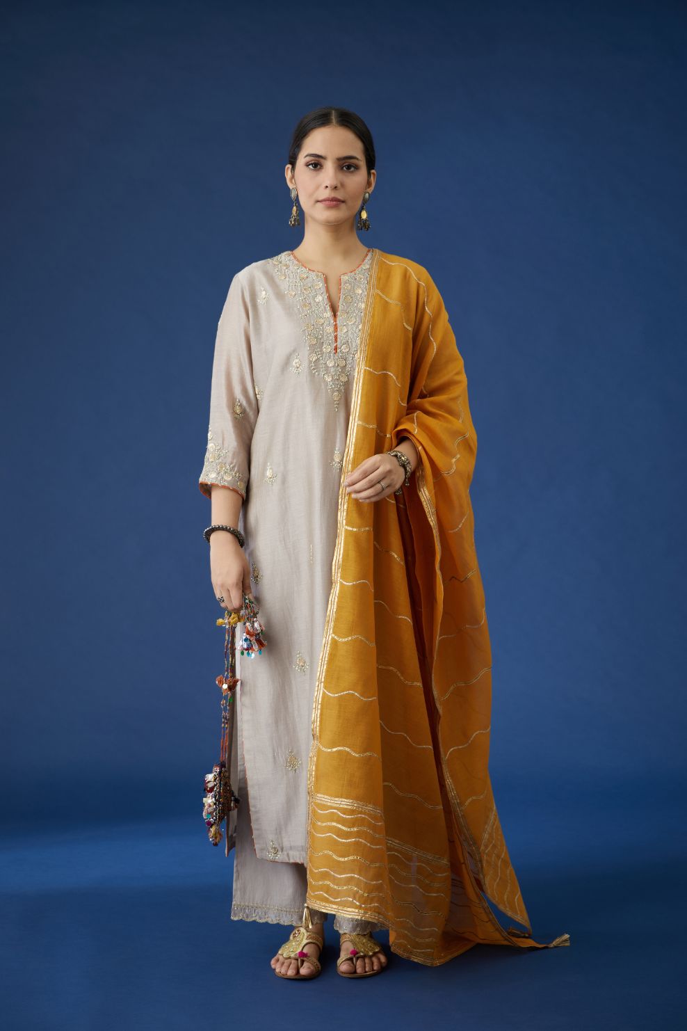 Warm Grey silk chanderi straight kurta set with all-over gota embroidery, highlighted with bead work.
