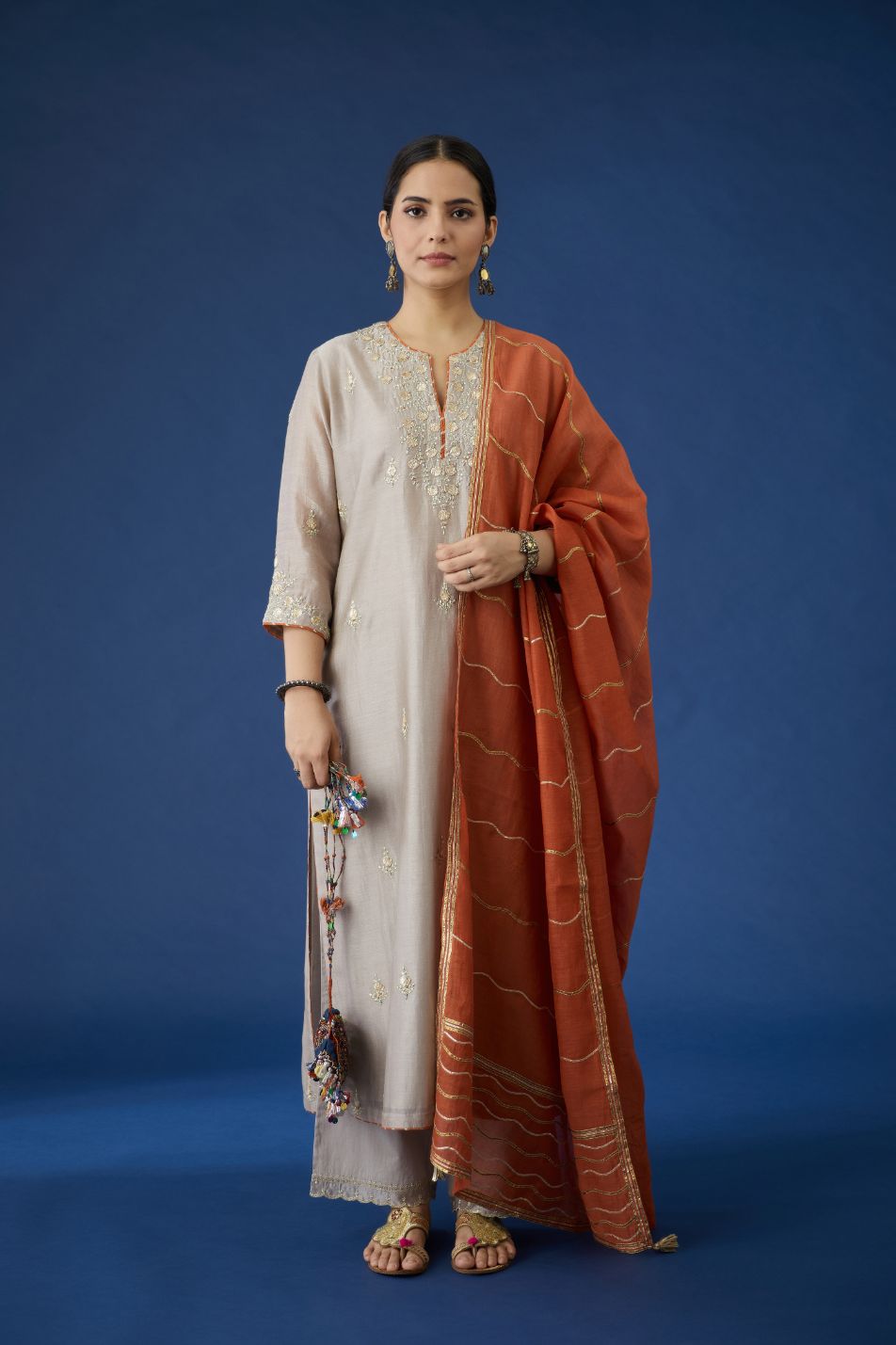 Warm Grey silk chanderi straight kurta set with all-over gota embroidery, highlighted with bead work.