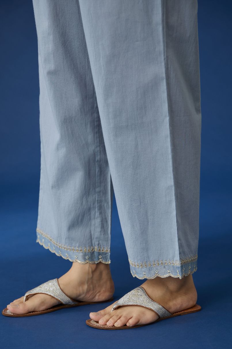 Bluish grey cotton straight pants with gota and dori embroidery at bottom hem (Pants)