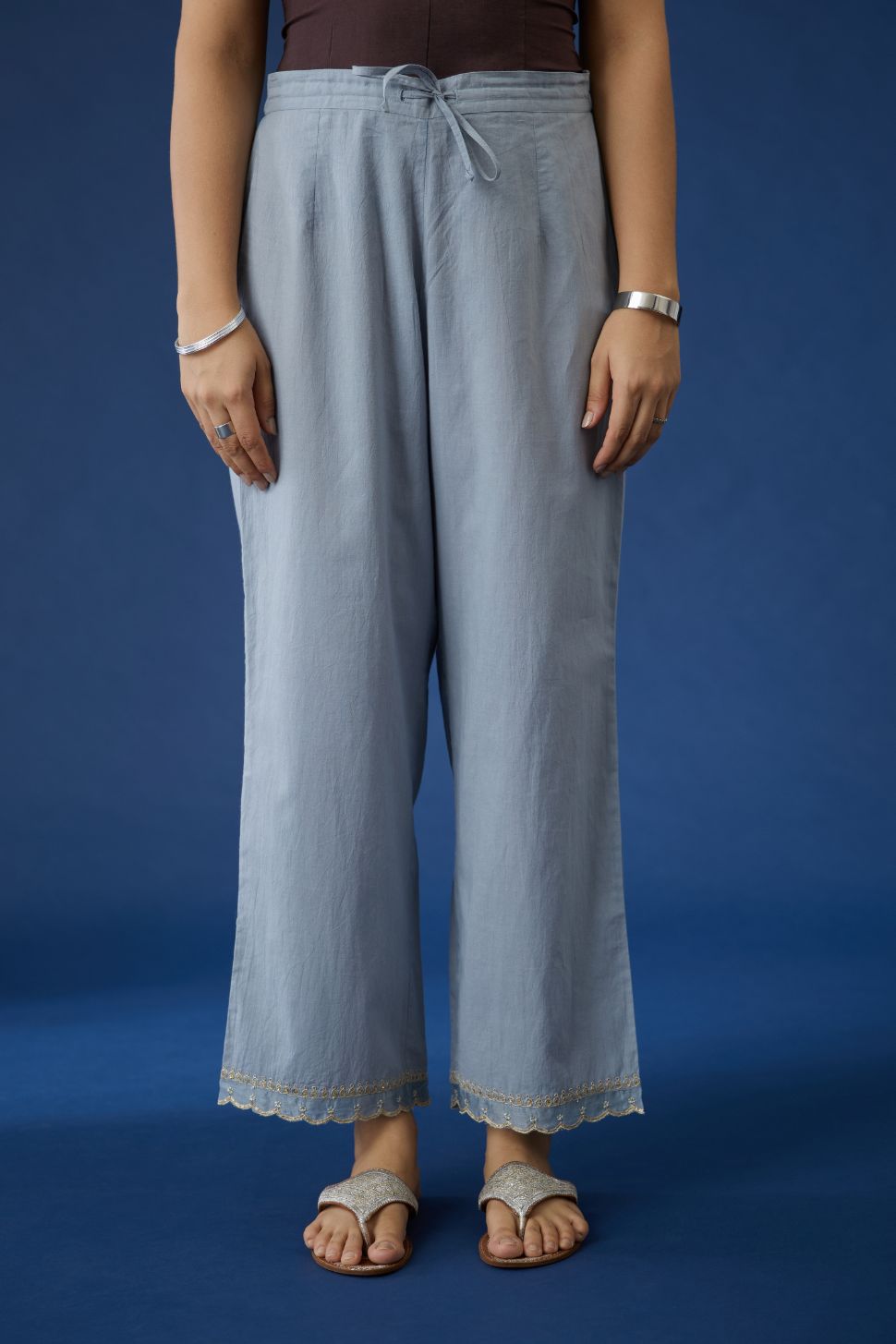 Bluish grey cotton straight pants with gota and dori embroidery at bottom hem (Pants)