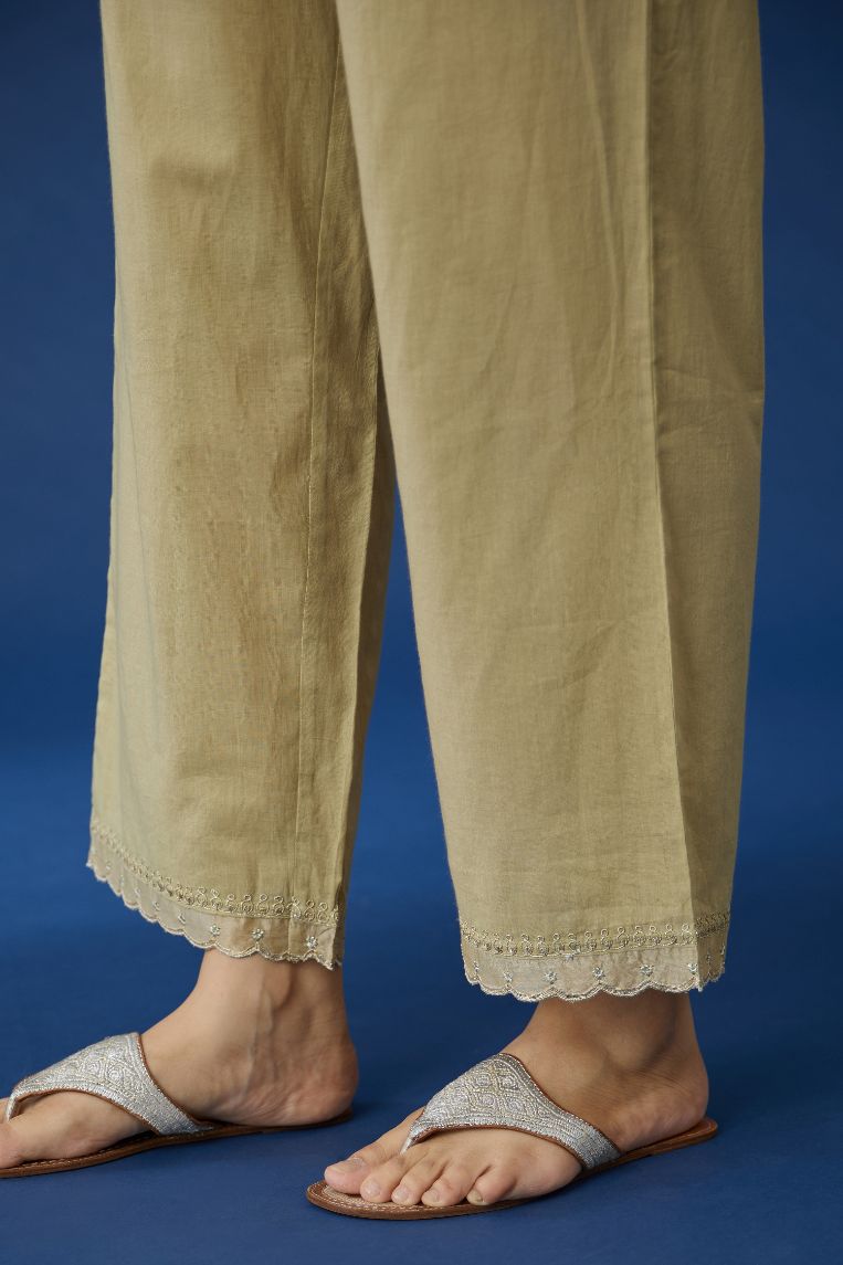 Olive cotton straight pants with gota and dori embroidery at bottom hem (Pants)