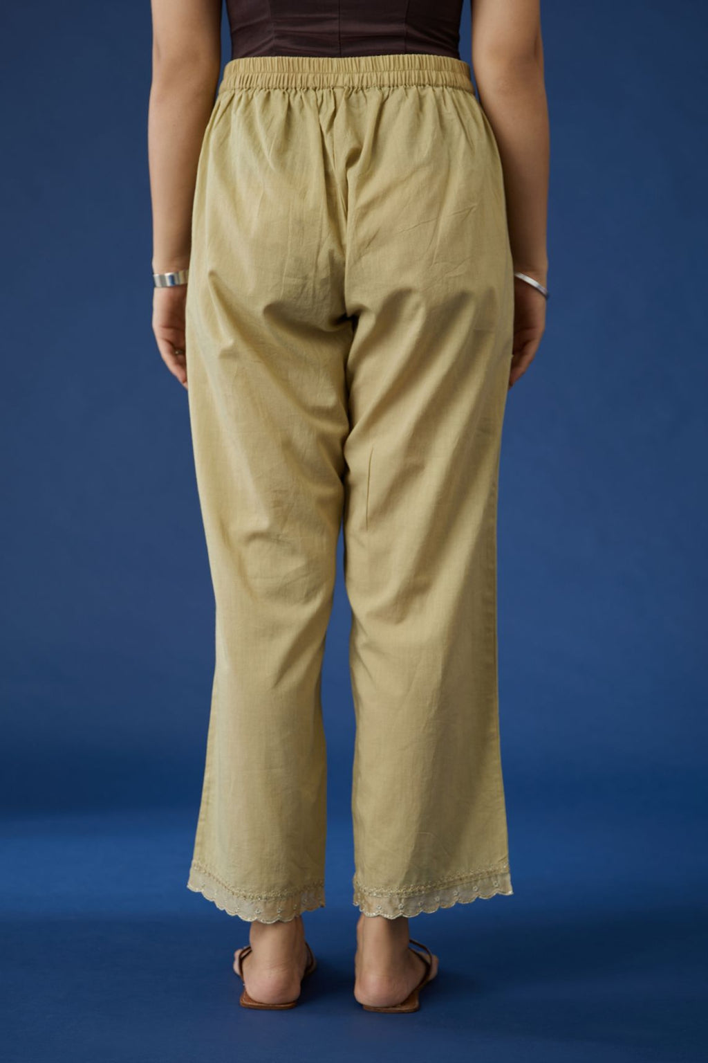 Olive cotton straight pants with gota and dori embroidery at bottom hem (Pants)