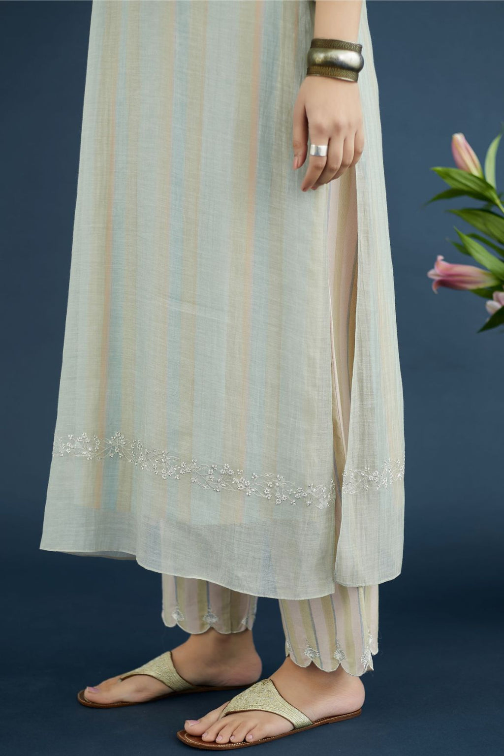 Sea green embroidered double layered cotton chanderi kurta set with hand block printed cotton slip inside