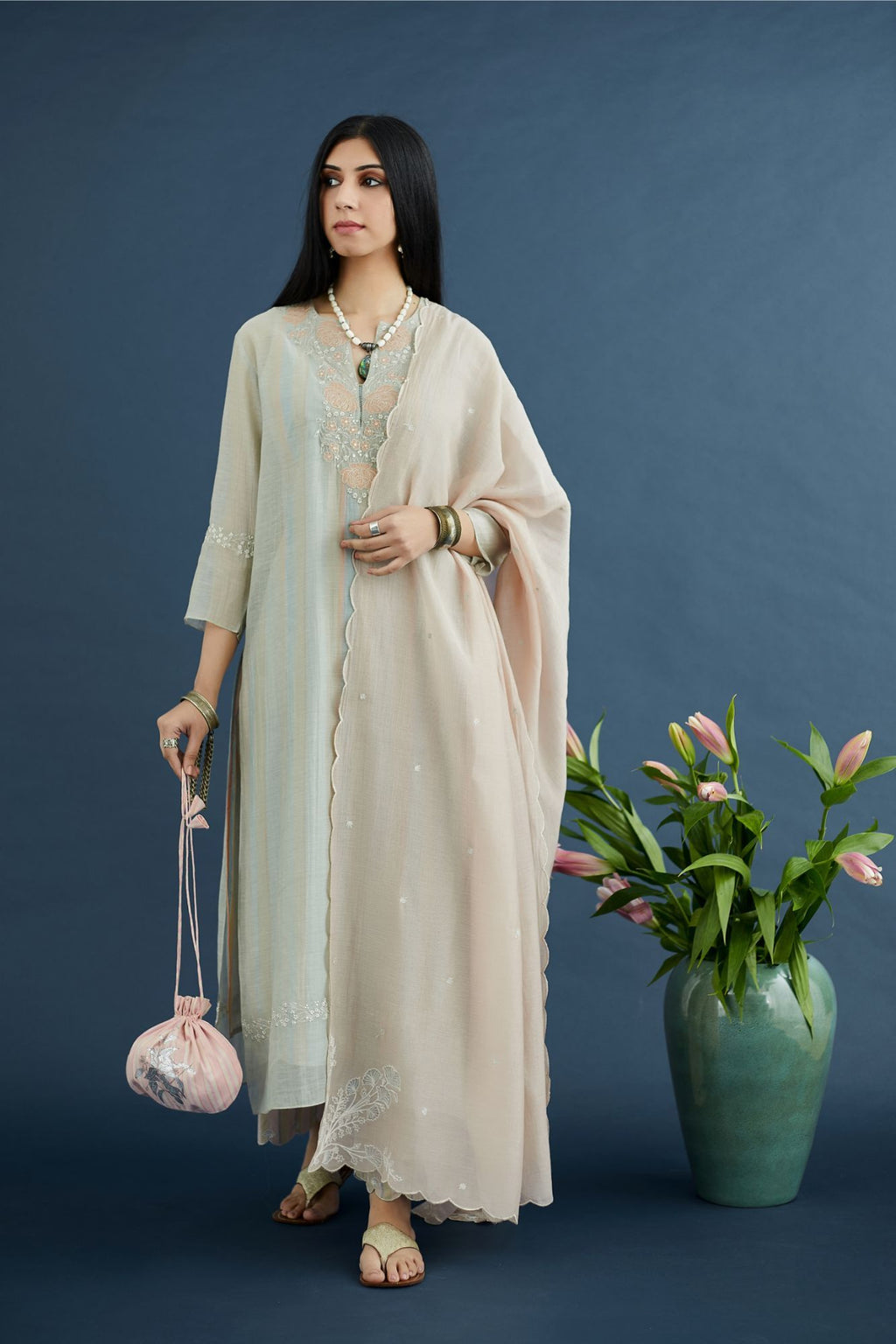 Sea green embroidered double layered cotton chanderi kurta set with hand block printed cotton slip inside