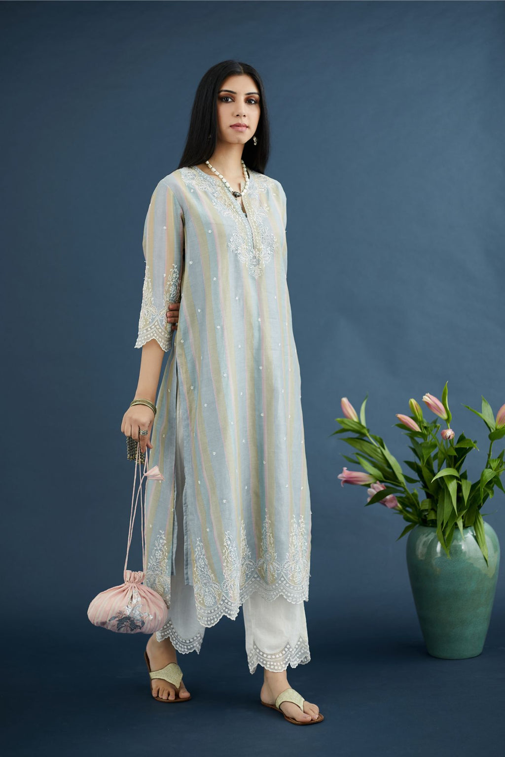 Blue and beige hand block printed silk chanderi kurta set with scalloped hem and embroidered neckline