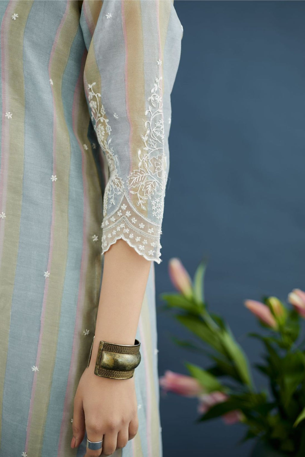 Blue and beige hand block printed silk chanderi kurta set with scalloped hem and embroidered neckline