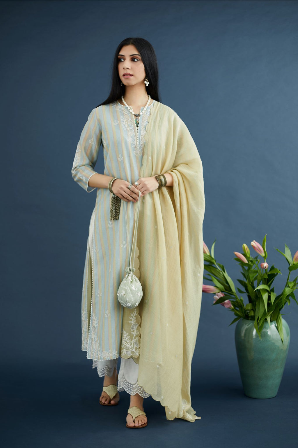 Olive cotton Chanderi dupatta with cutwork embroidery and scalloped edges