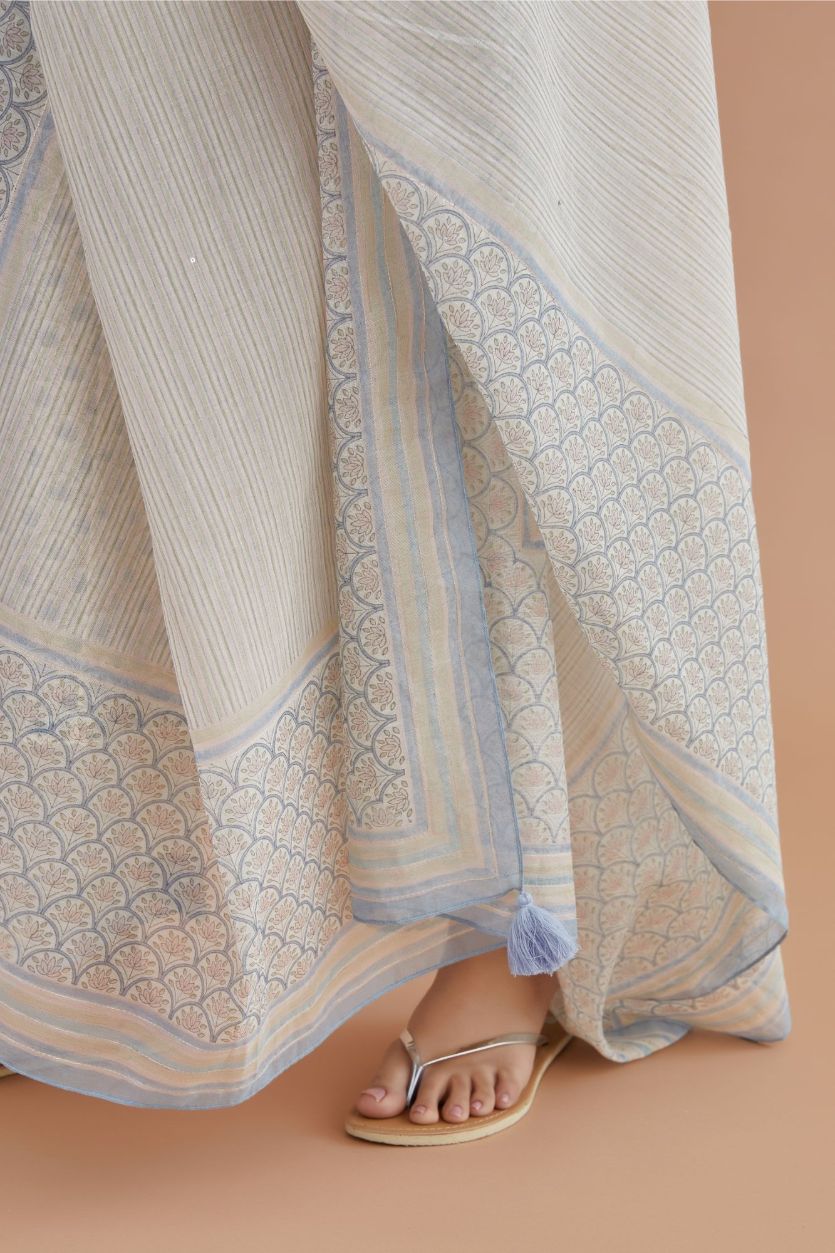 Blue and pink hand block printed cotton chanderi dupatta with thread tassels