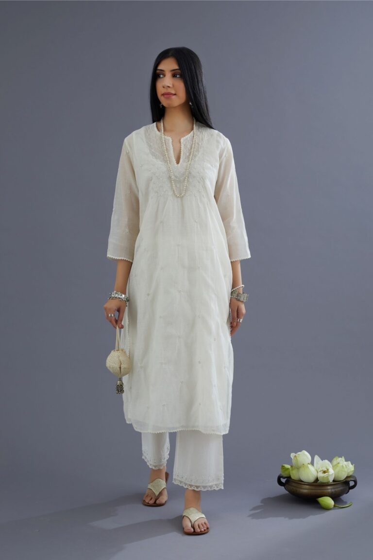 Off white cotton chanderi kurta set with knotted embroidery and embellished with sequins hand work