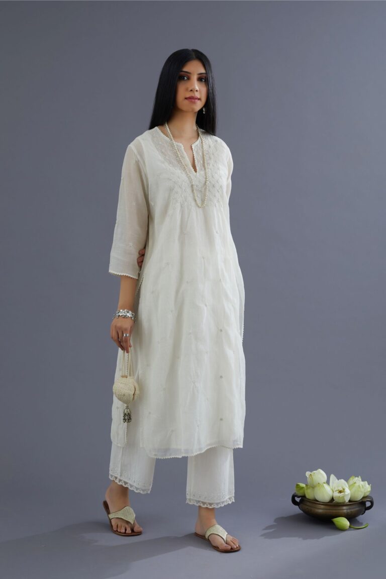 Off white cotton chanderi kurta set with knotted embroidery and embellished with sequins hand work
