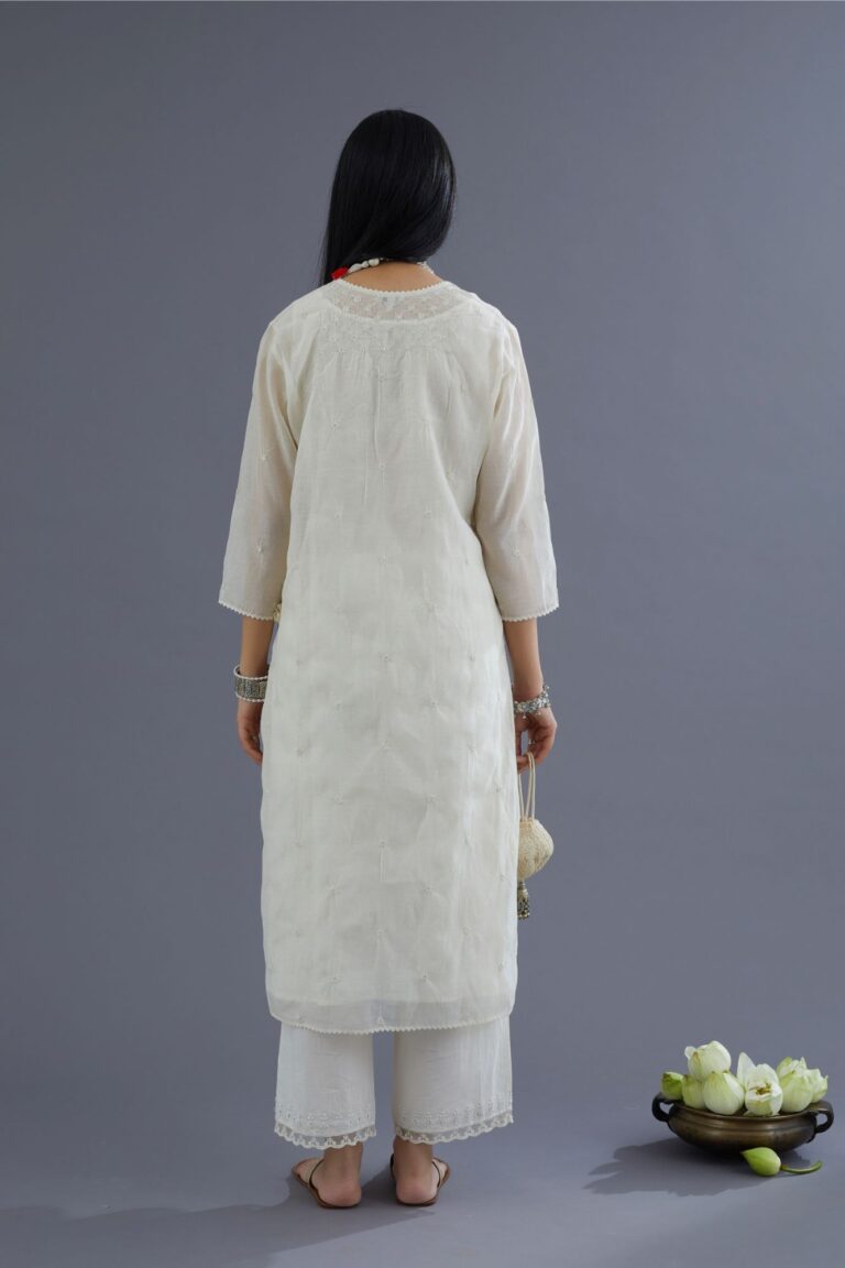 Off white cotton chanderi kurta set with knotted embroidery and embellished with sequins hand work