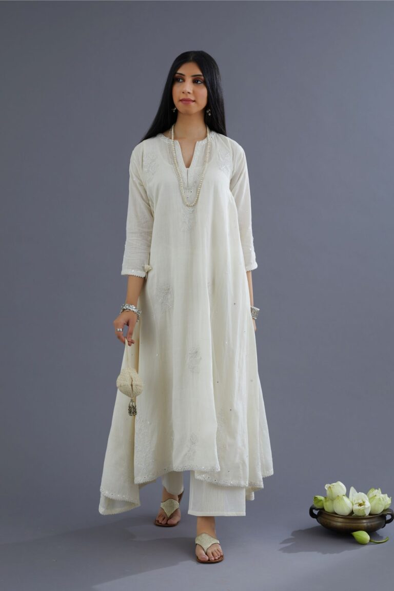 Off white Handspun Hand-Woven cotton kurta set with asymmetric hem, mirror hand work and raised flower embroidery