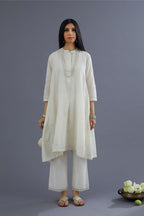 Handspun Hand-Woven cotton short shirt-kurta set with all-over mirror and raised flower embroidery