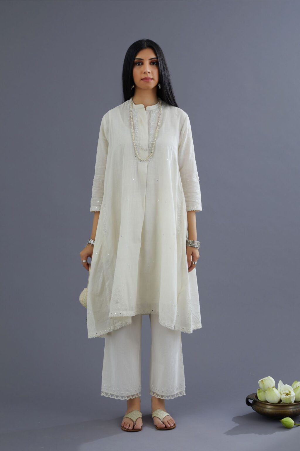Handspun Hand-Woven cotton short shirt-kurta set with all-over mirror and raised flower embroidery