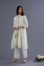 Handspun Hand-Woven cotton short shirt-kurta set with all-over mirror and raised flower embroidery