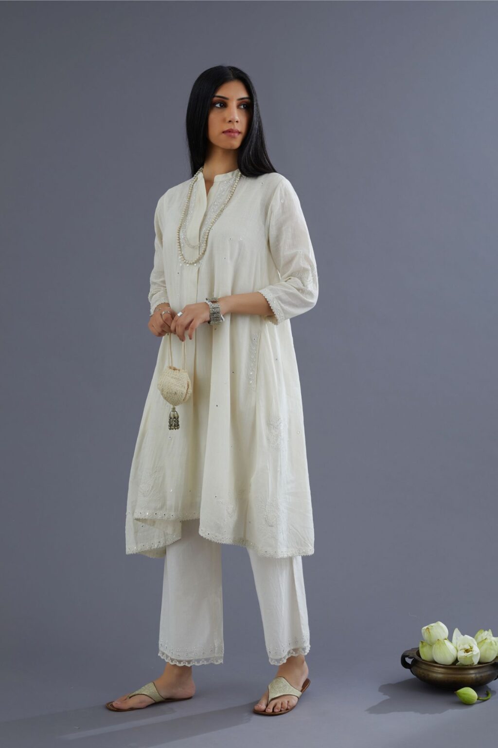 Handspun Hand-Woven cotton short shirt-kurta set with all-over mirror and raised flower embroidery