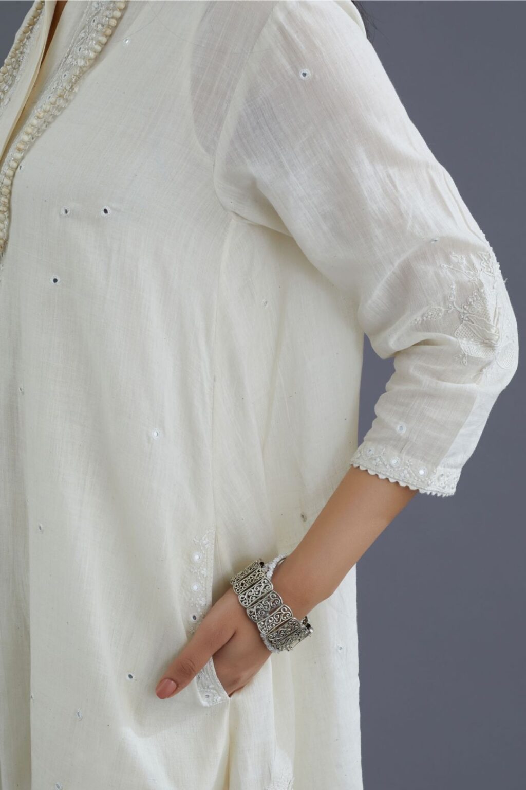 Handspun Hand-Woven cotton short shirt-kurta set with all-over mirror and raised flower embroidery