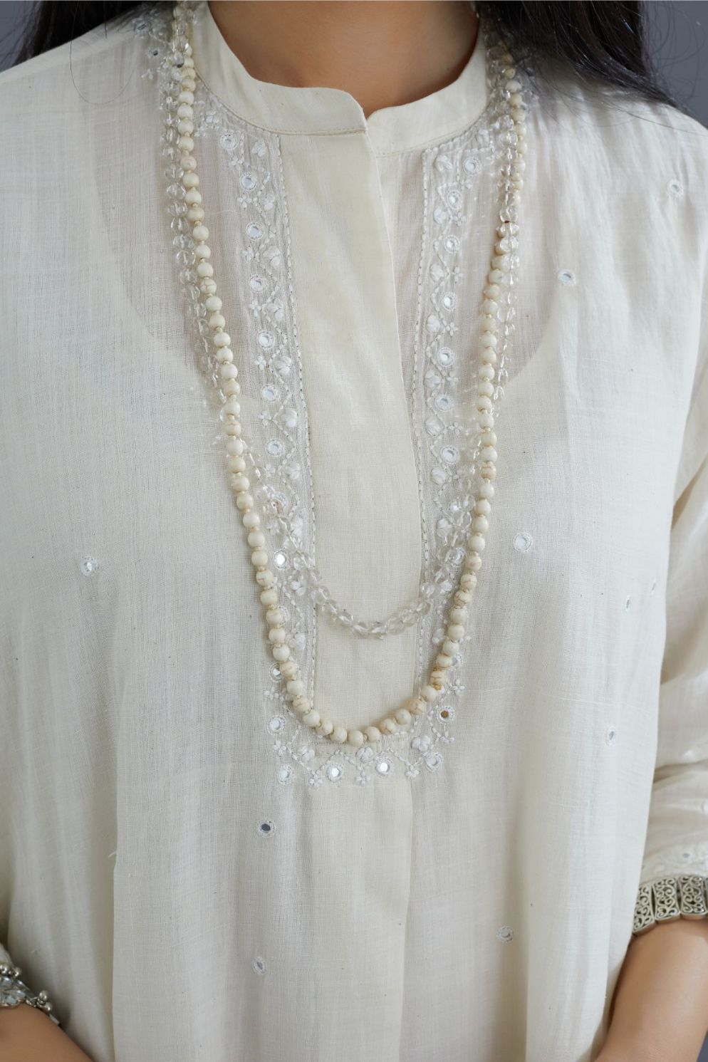 Handspun Hand-Woven cotton short shirt-kurta set with all-over mirror and raised flower embroidery