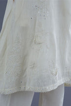 Handspun Hand-Woven cotton short shirt-kurta set with all-over mirror and raised flower embroidery