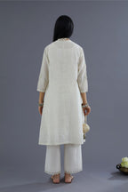 Handspun Hand-Woven cotton short shirt-kurta set with all-over mirror and raised flower embroidery