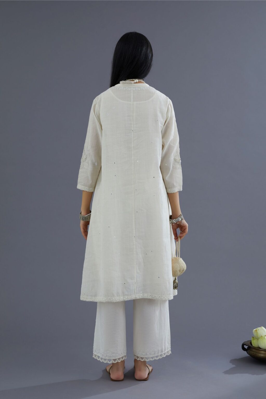 Handspun Hand-Woven cotton short shirt-kurta set with all-over mirror and raised flower embroidery