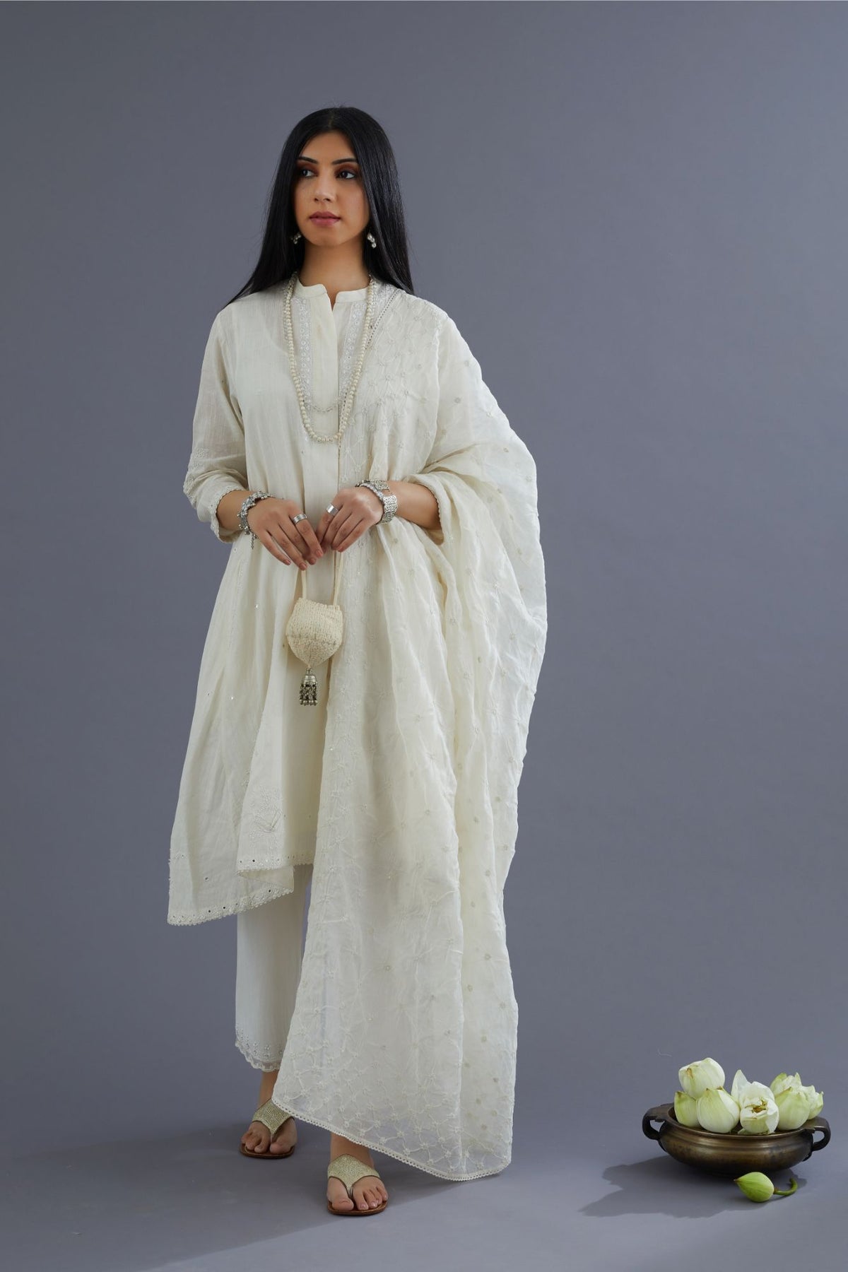 Handspun Hand-Woven cotton short shirt-kurta set with all-over mirror and raised flower embroidery