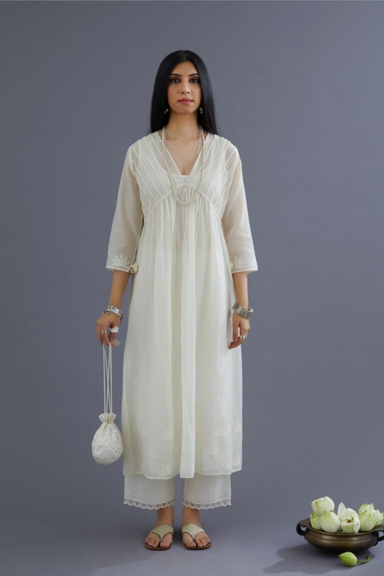 Off white cotton chanderi kurta set with gathered empire waist line in front and back and cotton slip