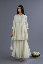 Off white Handspun Hand-Woven cotton short angrakha kurta set with  embroidered over-lapped neckline and mirror hand work