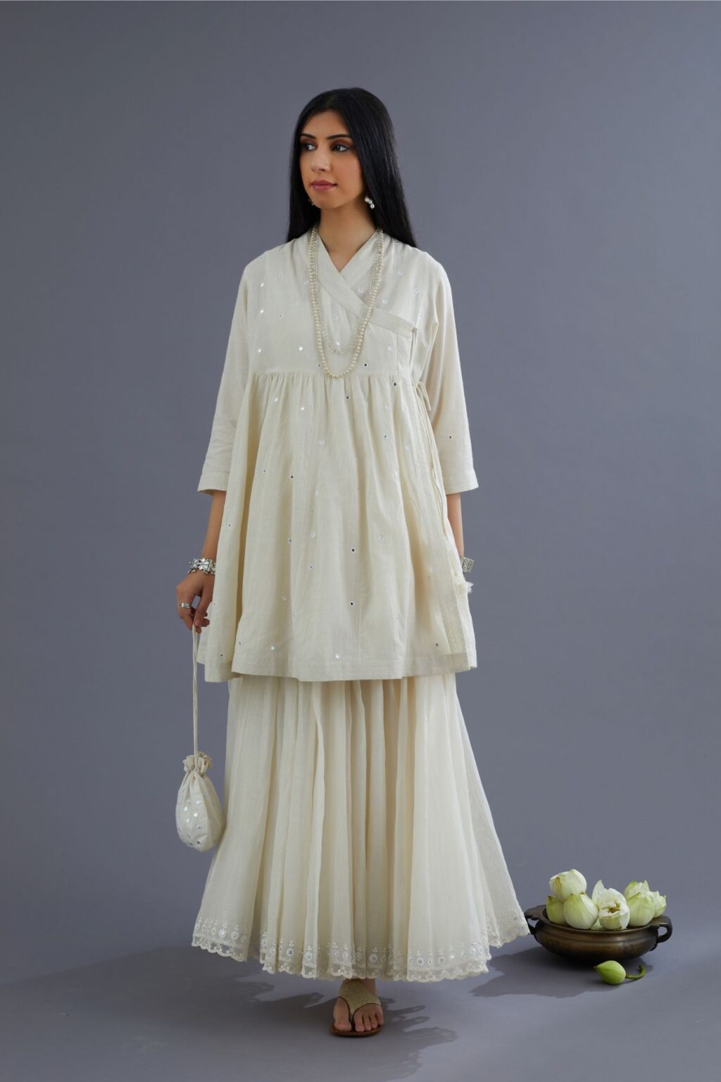 Off white Handspun Hand-Woven cotton short angrakha kurta set with  embroidered over-lapped neckline and mirror hand work