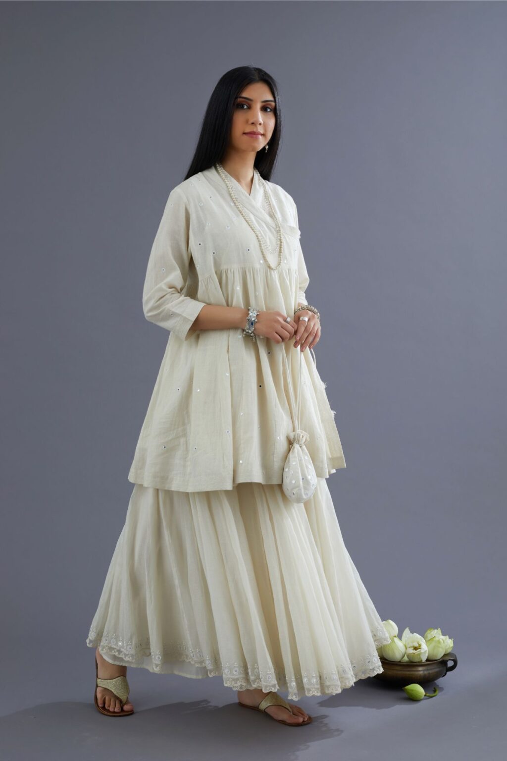 Off white Handspun Hand-Woven cotton short angrakha kurta set with  embroidered over-lapped neckline and mirror hand work