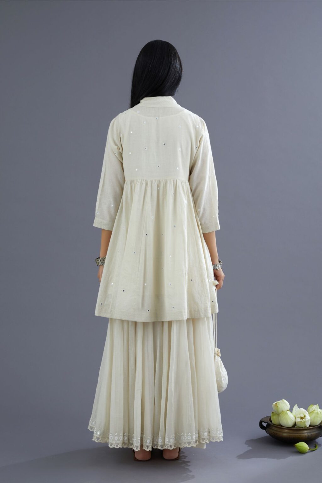 Off white Handspun Hand-Woven cotton short angrakha kurta set with  embroidered over-lapped neckline and mirror hand work