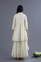 Off white Handspun Hand-Woven cotton short angrakha kurta set with  embroidered over-lapped neckline and mirror hand work