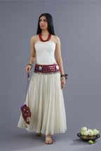 Off white quilted corset set detailed with fabric frill at edges
