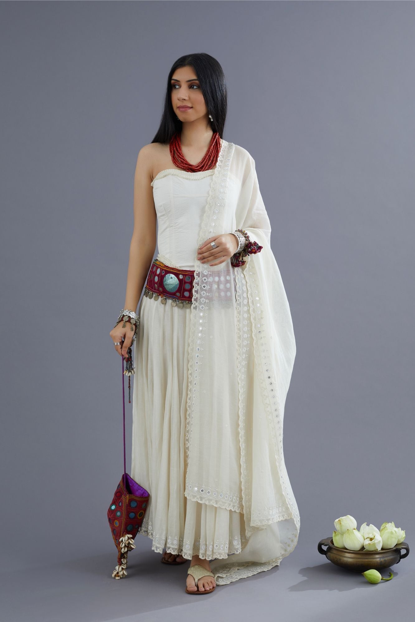 Off white quilted corset set detailed with fabric frill at edges