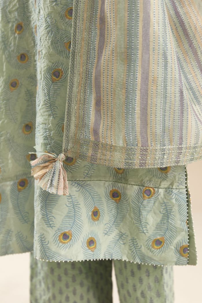 Blue hand block printed straight kurta set with silk yoke detailing in front.