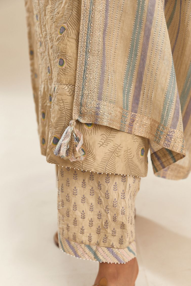 Beige hand block printed straight kurta set in silk chanderi, side panels attached with faggoting.