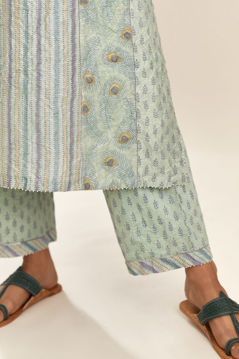 Blue hand block printed, mixed print straight kurta set in silk chanderi, side panels attached with faggoting.