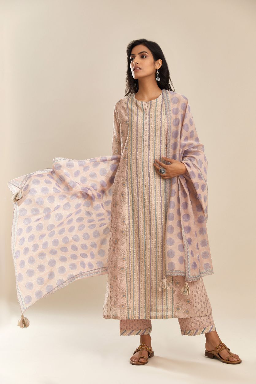 Pink hand block printed, mixed print straight kurta set in silk chanderi, side panels attached with faggoting.