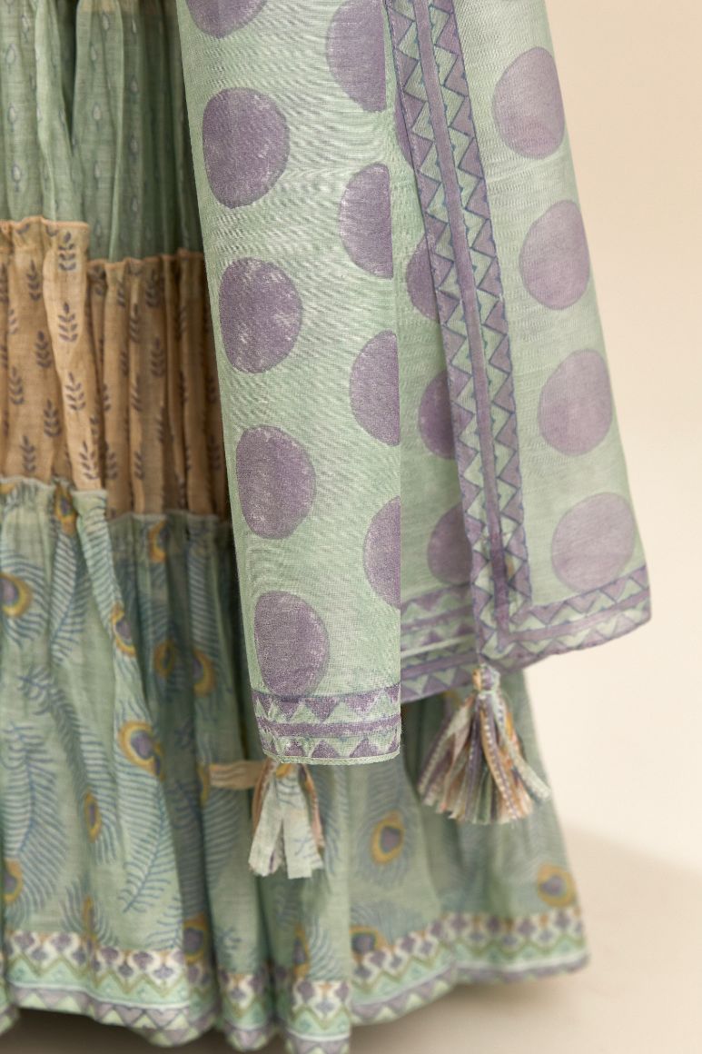 Blue and purple cotton chanderi dupatta with all-over polka dot hand block print. (DUPATTA)