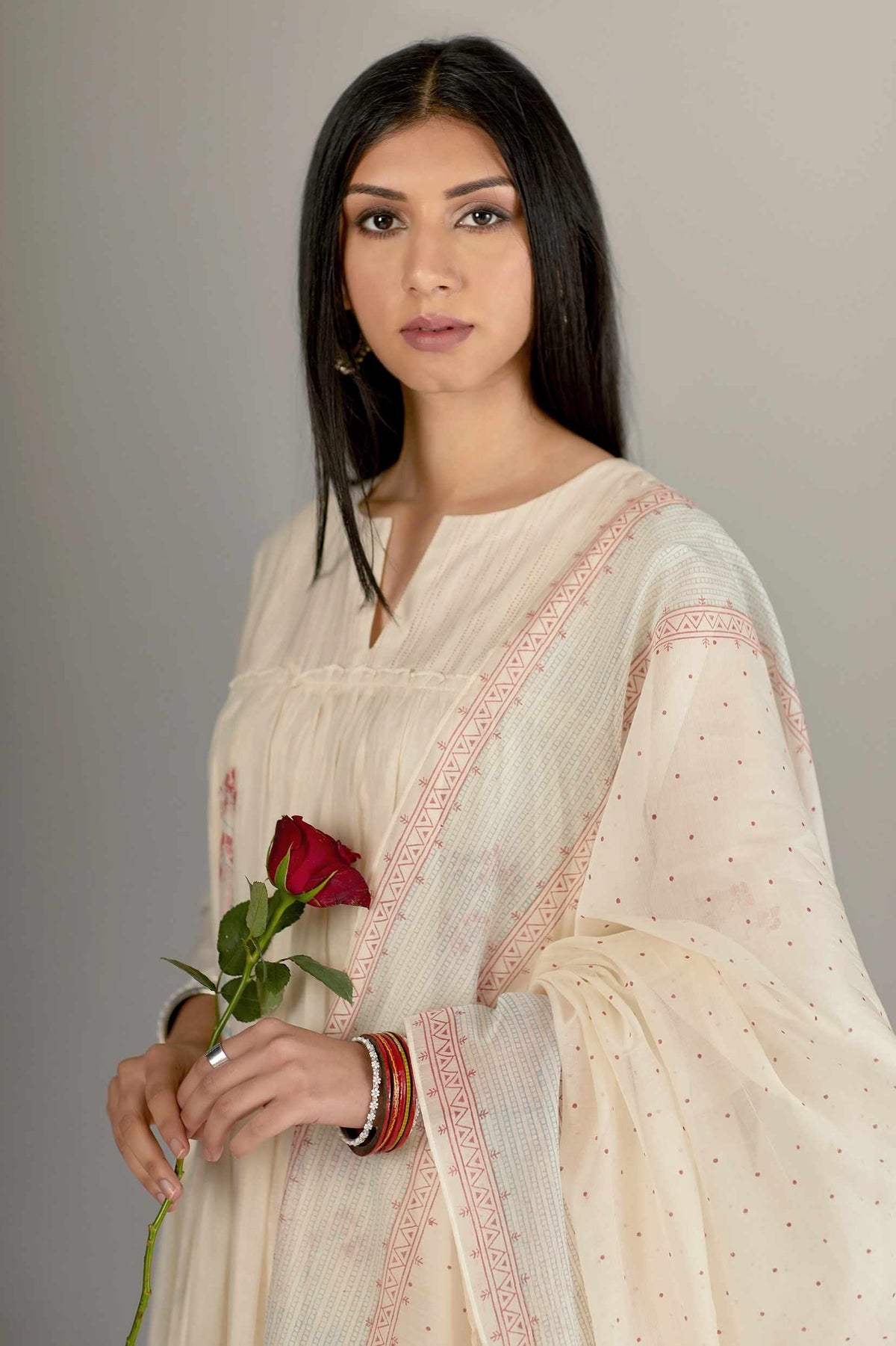 Red and off white hand block printed cotton Chanderi dupatta