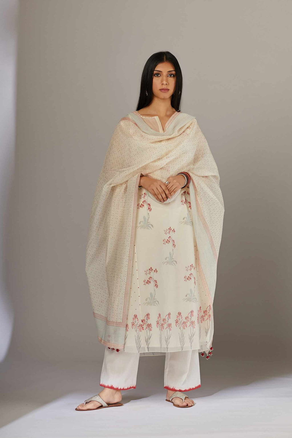 Straight kurta set with an all-over hand block print and side panels